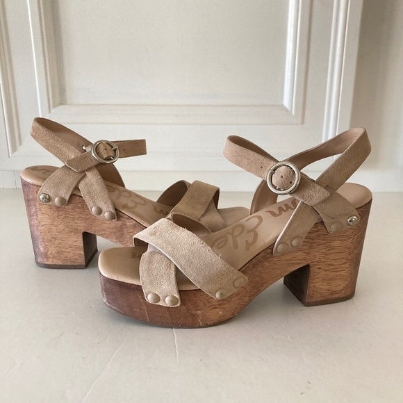 Sam Edelman Anthropologie Josefine Sand Suede Heeled Sandals Sz 7.5 - Picture 1 of 9